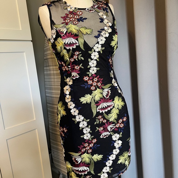 Bardot Black Embroidered Floral Sheath Dress | Mesh Overlay Cocktail - Picture 3 of 13